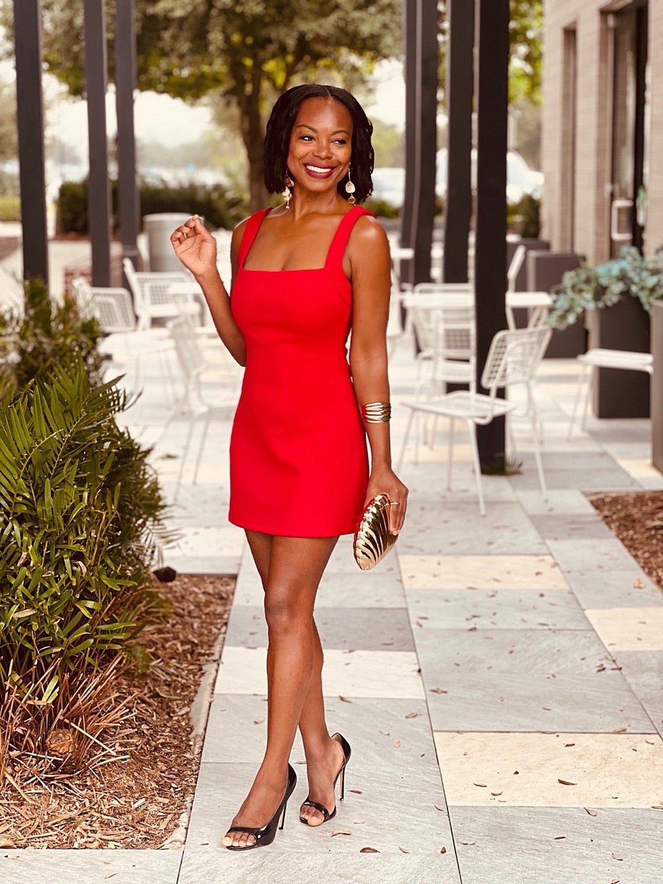 square neckline red dress Rihoas Square Neck Ribbed Midi Dress for Women, Red / S